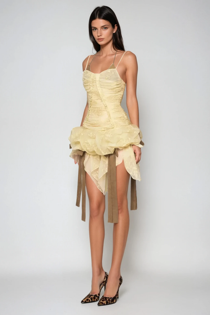 Bedagi Ruch Halter Neck Ruffle Fringe Mini Dress