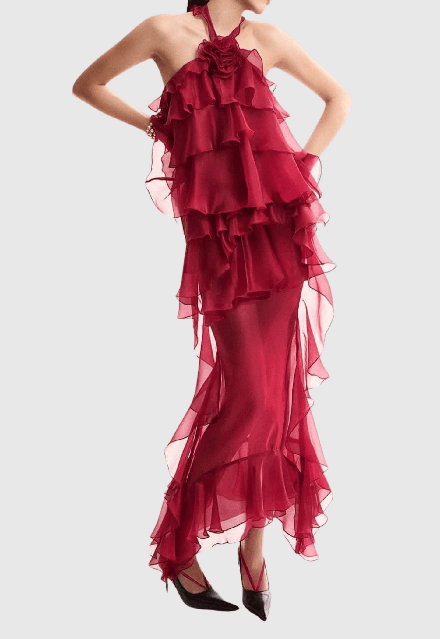 Bedelia Halter Chiffon Ruffle Midi Dress