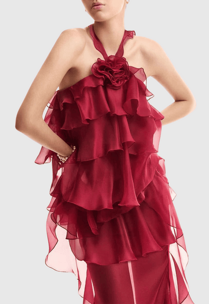 Bedelia Halter Chiffon Ruffle Midi Dress