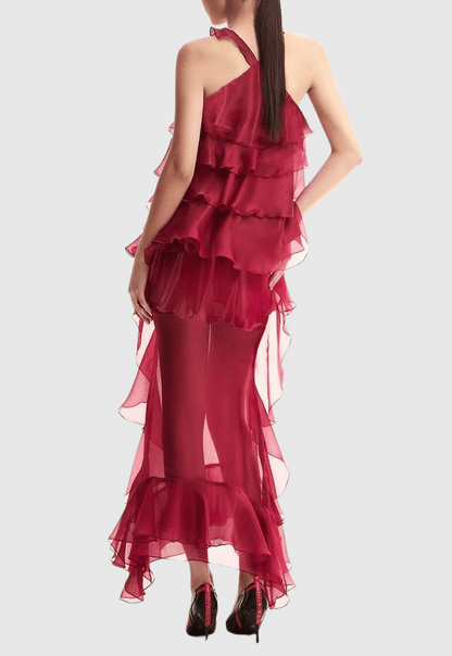 Bedelia Halter Chiffon Ruffle Midi Dress