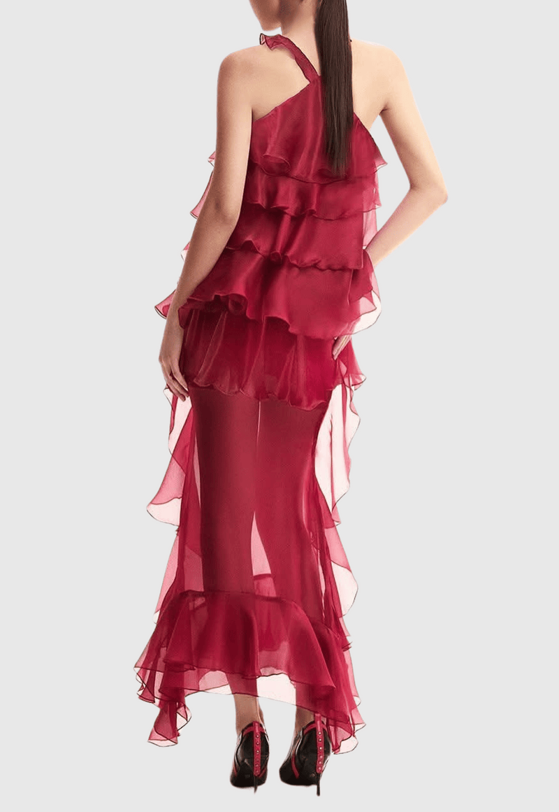 Bedelia Halter Chiffon Ruffle Midi Dress