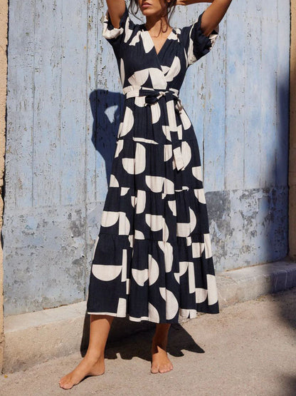 Puff Sleeve V-neck Geometric Print Maxi Dress