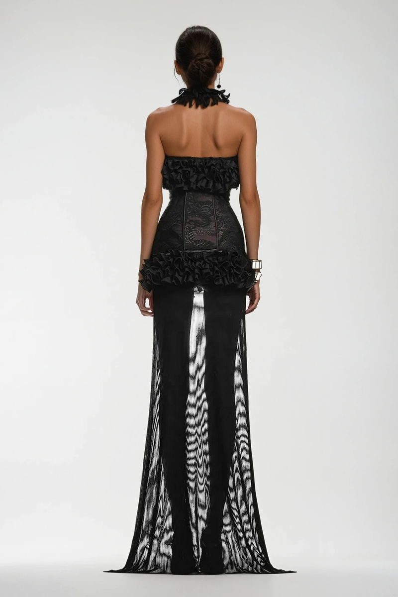 Begum Mesh Ruffle Lace Up Asymmetric Mini Dress