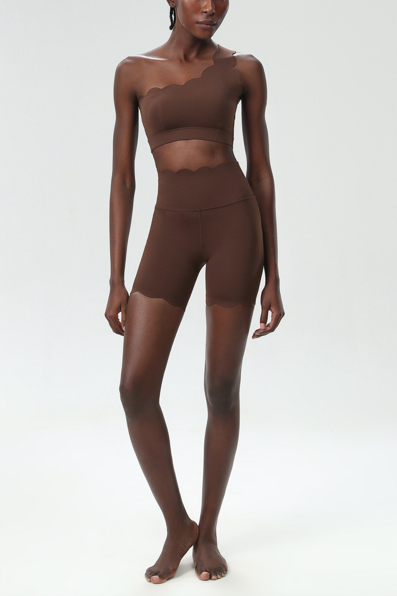 Bela One Shouder Wave Bodycon Pants Set in Brown