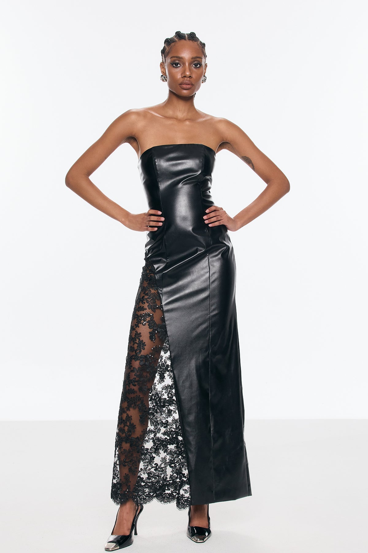 Benniton Lace Strapless Leather Maxi Dress