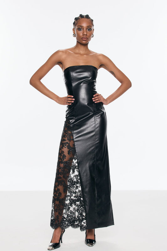 Benniton Lace Strapless Leather Maxi Dress