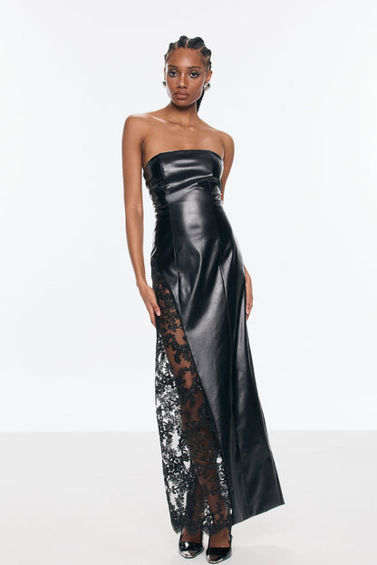 Benniton Lace Strapless Leather Maxi Dress