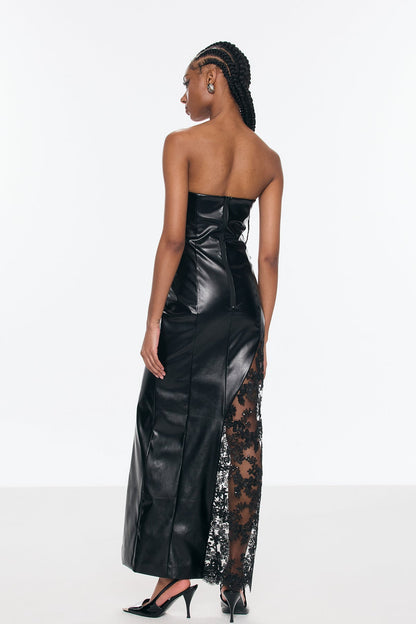 Benniton Lace Strapless Leather Maxi Dress