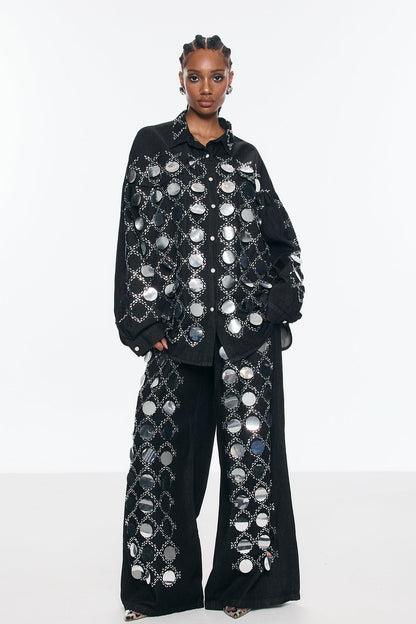 Benoni Sequin Grid Rhinestone Denim Pants Set