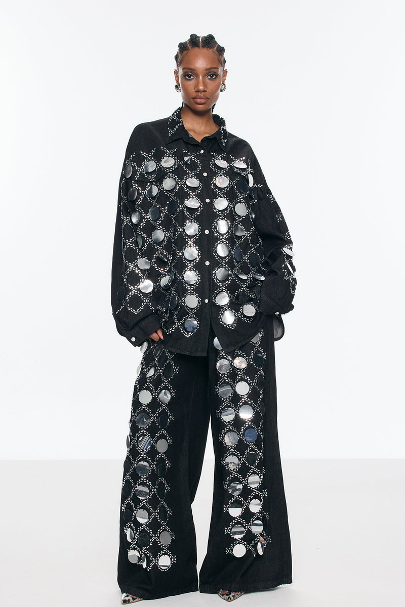 Benoni Sequin Grid Rhinestone Denim Pants Set