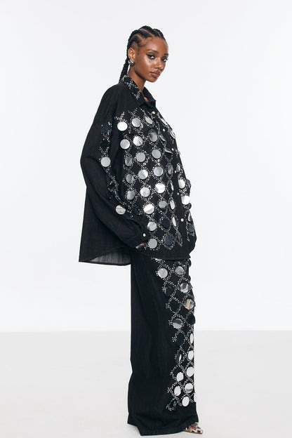 Benoni Sequin Grid Rhinestone Denim Pants Set
