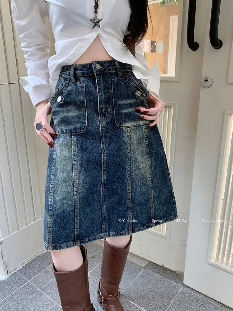 Dressbetty - American Retro Midi Do Old Washed A-line Skirt
