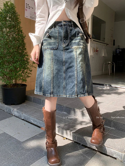 Dressbetty - American Retro Midi Do Old Washed A-line Skirt