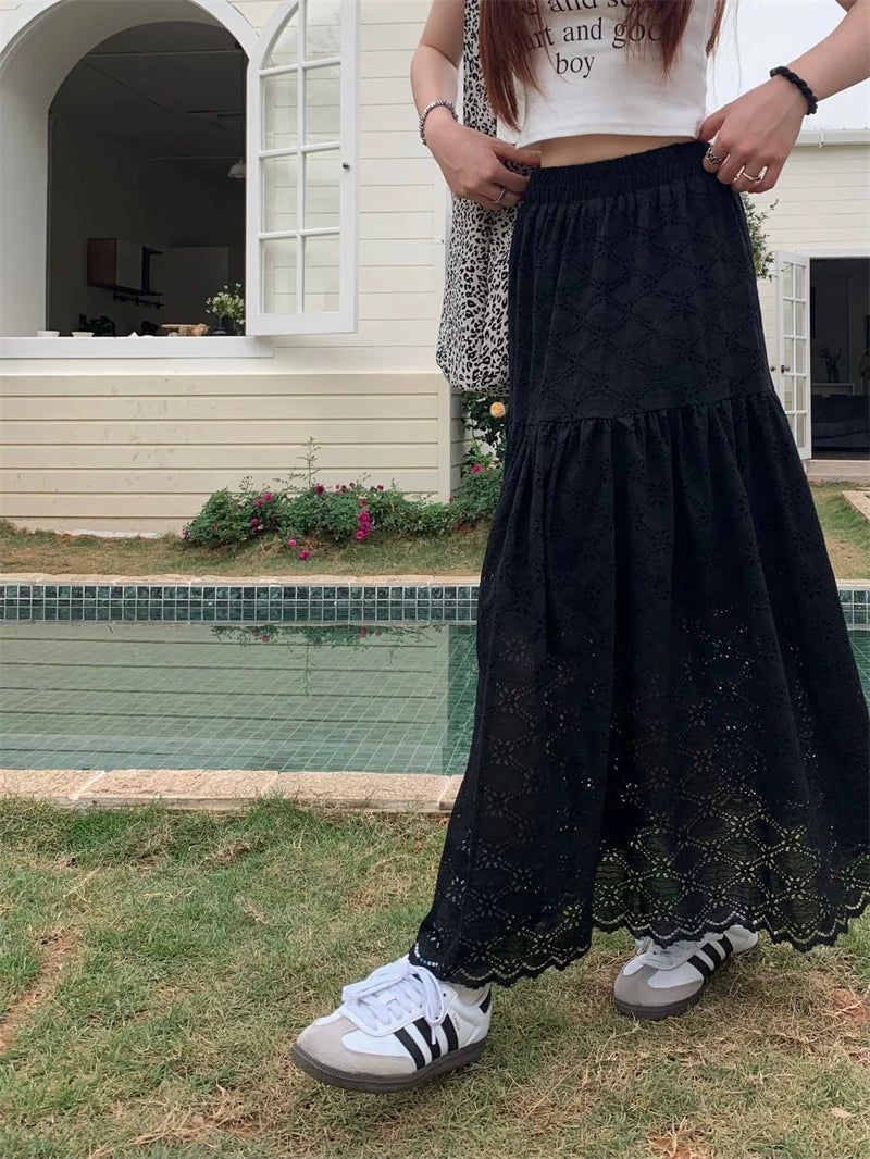 Dressbetty - Black Lace Ruffled High Waist A-line Skirt