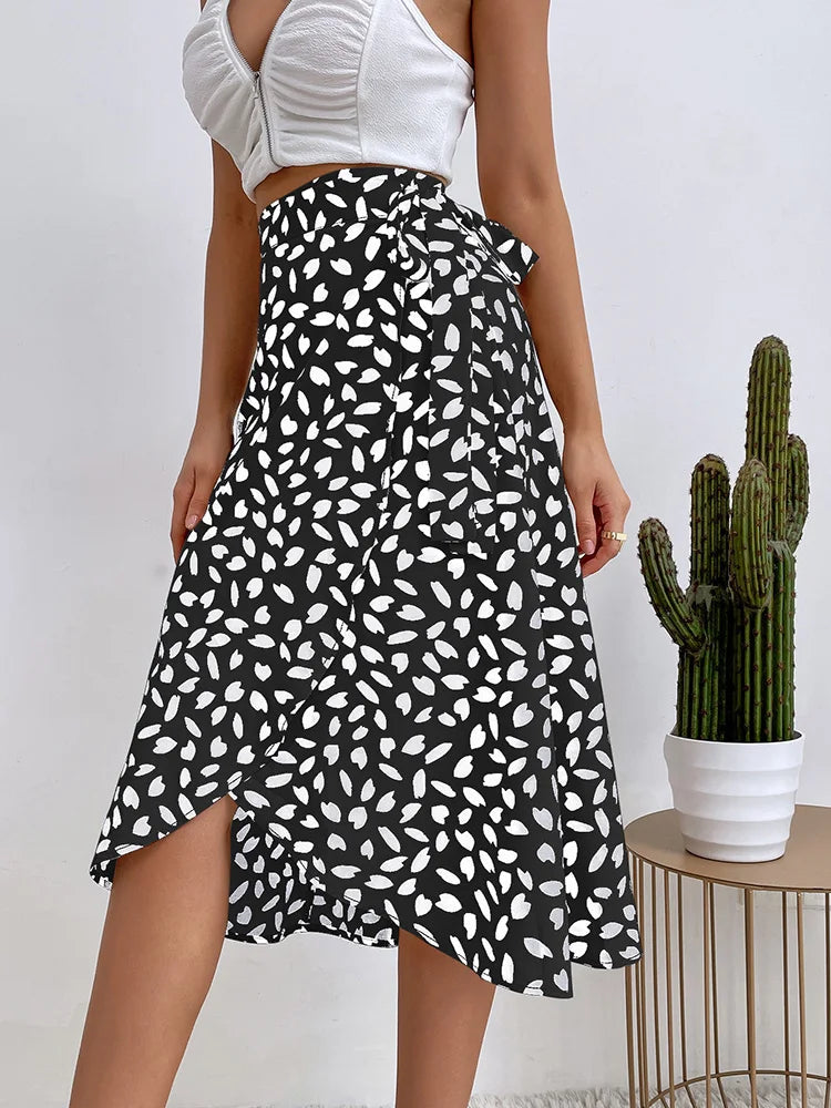 Dressbetty - Print Tie Side Wrap Skirt High Waist A-line Skirt