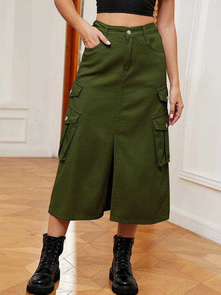 Dressbetty - Split Long High Waisted A-line Cargo Jean Skirt