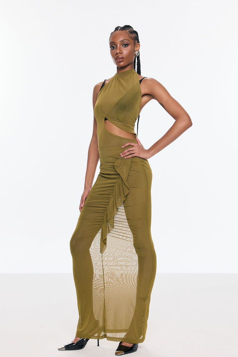 Beonica Mesh Ruch Asymmetric Cutout Maxi Dress