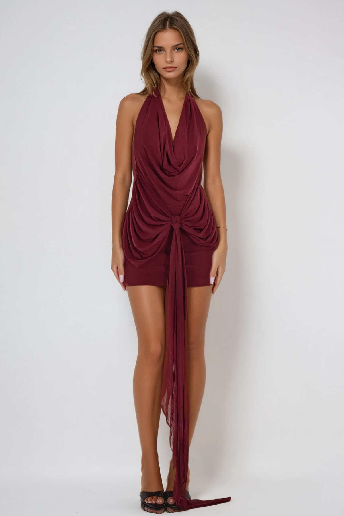 Ber Halterneck Draped Mini Dress in Wine