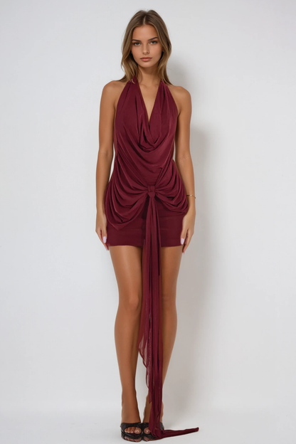 Ber Halterneck Draped Mini Dress in Wine