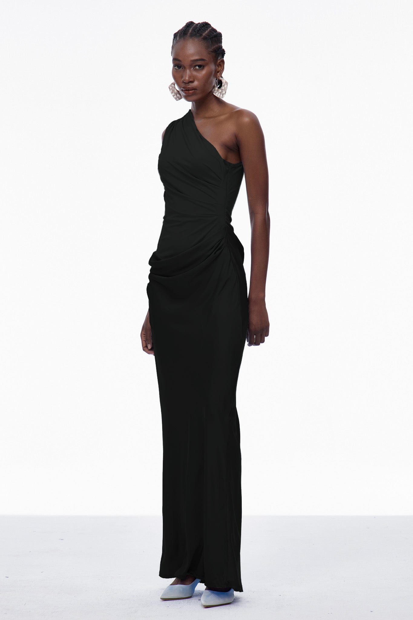 Beres One Shoulder Satin Maxi Dress in Black