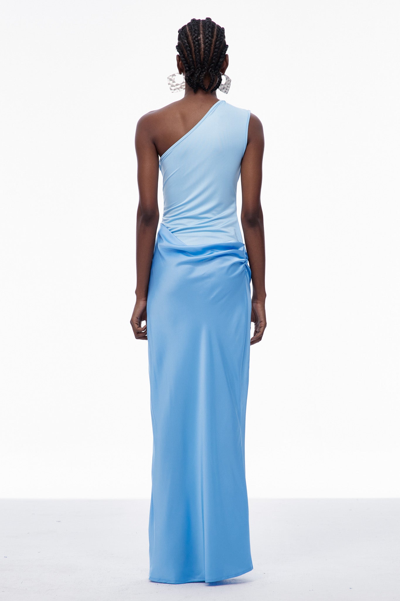 Beres One Shoulder Satin Maxi Dress in Blue