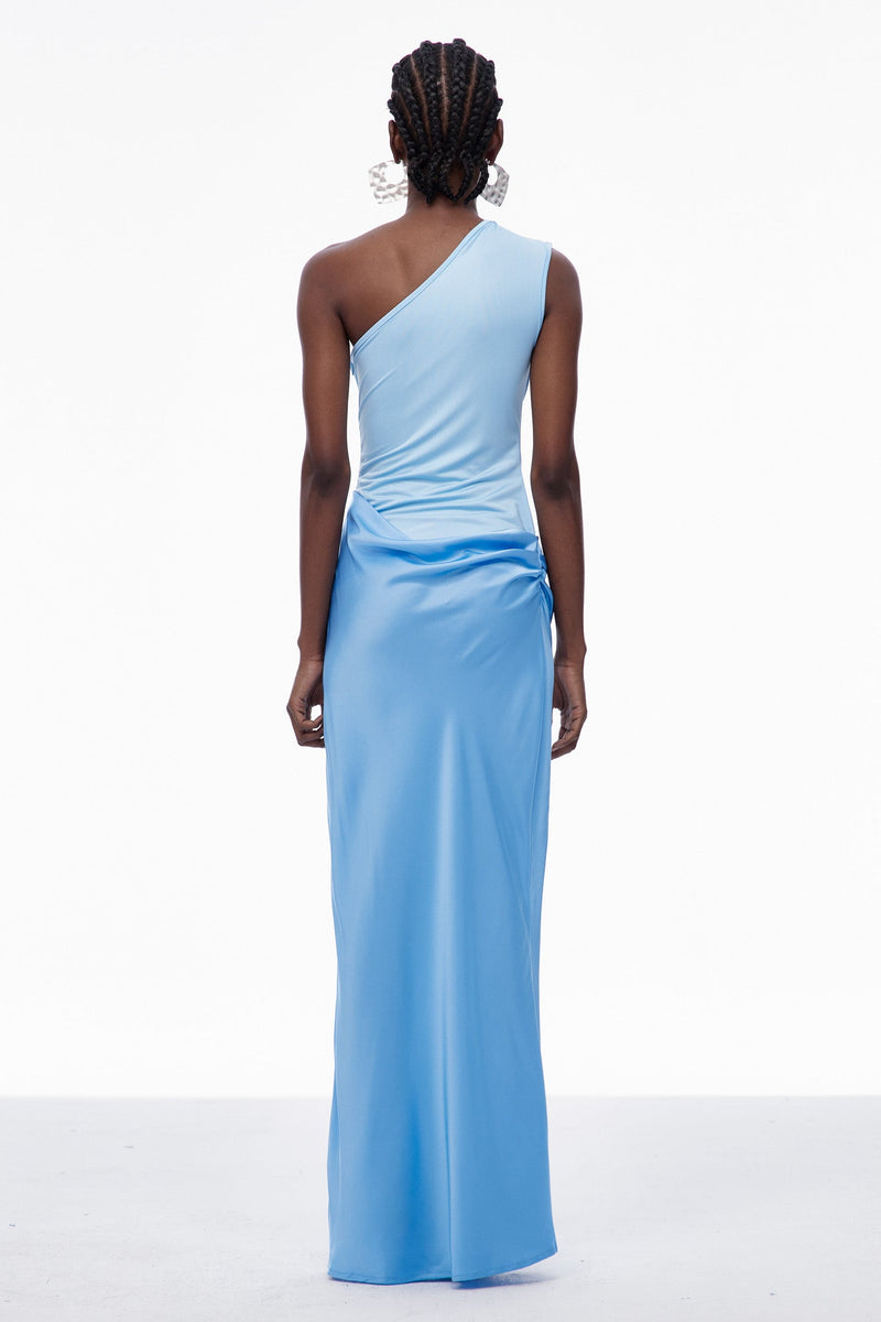 Beres One Shoulder Satin Maxi Dress in Blue