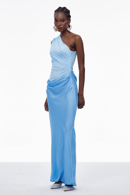 Beres One Shoulder Satin Maxi Dress in Blue