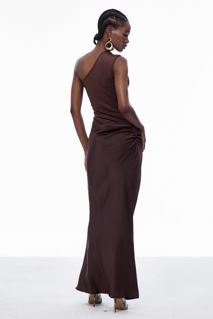 Beres One Shoulder Satin Maxi Dress in Brown