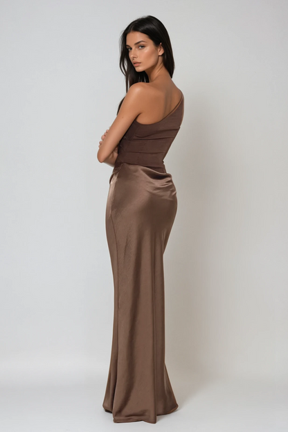Beres One Shoulder Satin Maxi Dress in Brown