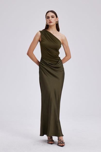 Beres One Shoulder Satin Maxi Dress in Green