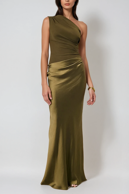 Beres One Shoulder Satin Maxi Dress in Green