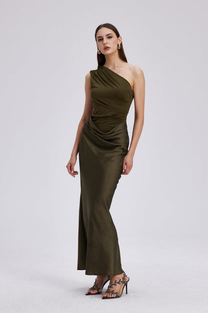 Beres One Shoulder Satin Maxi Dress in Green