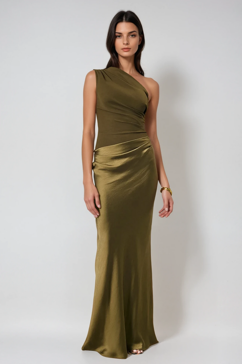 Beres One Shoulder Satin Maxi Dress in Green