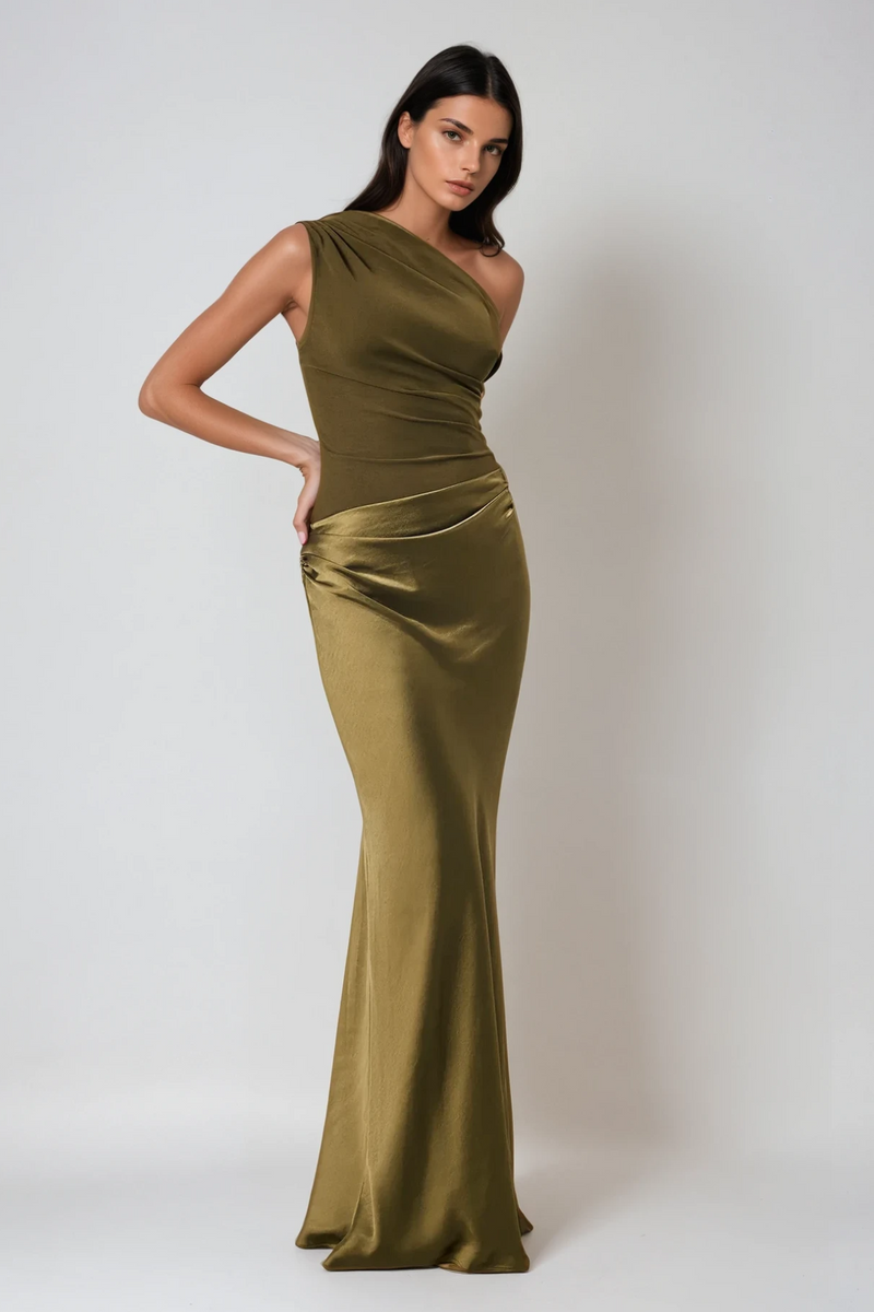 Beres One Shoulder Satin Maxi Dress in Green