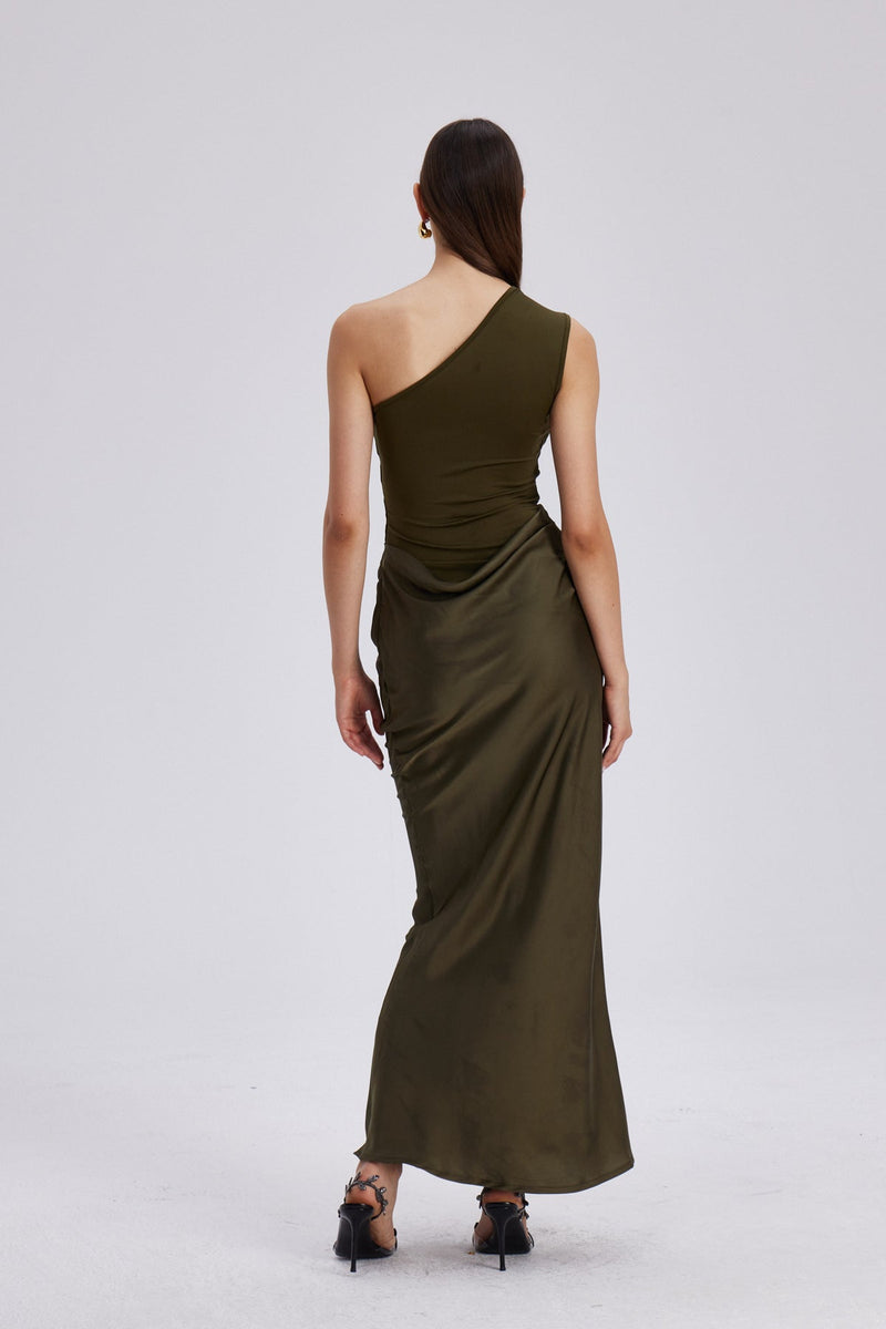 Beres One Shoulder Satin Maxi Dress in Green