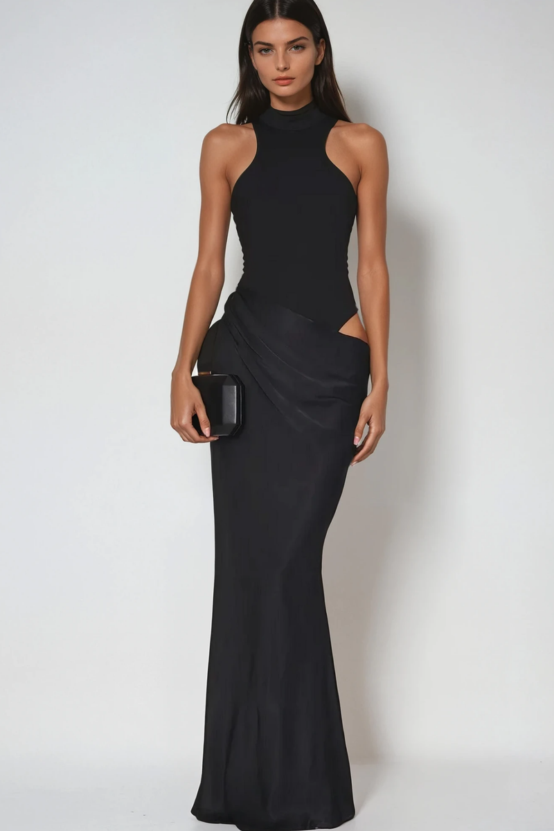 Beres Tank Top Satin Maxi Dress in Black