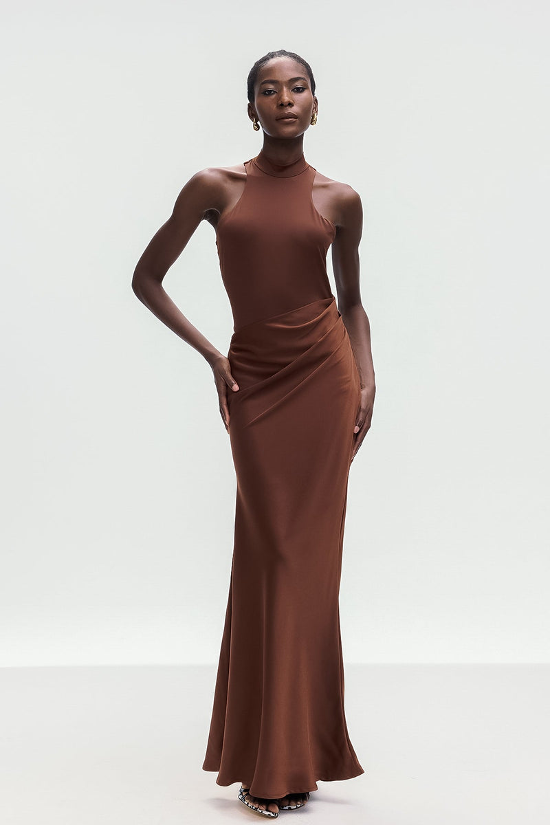 Beres Tank Top Satin Maxi Dress in Brown
