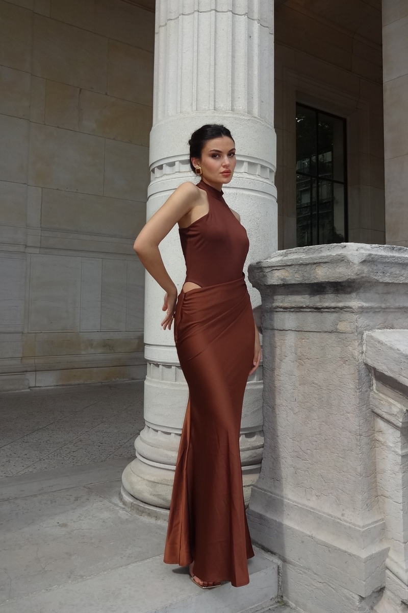 Beres Tank Top Satin Maxi Dress in Brown