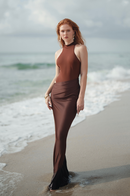 Beres Tank Top Satin Maxi Dress in Brown