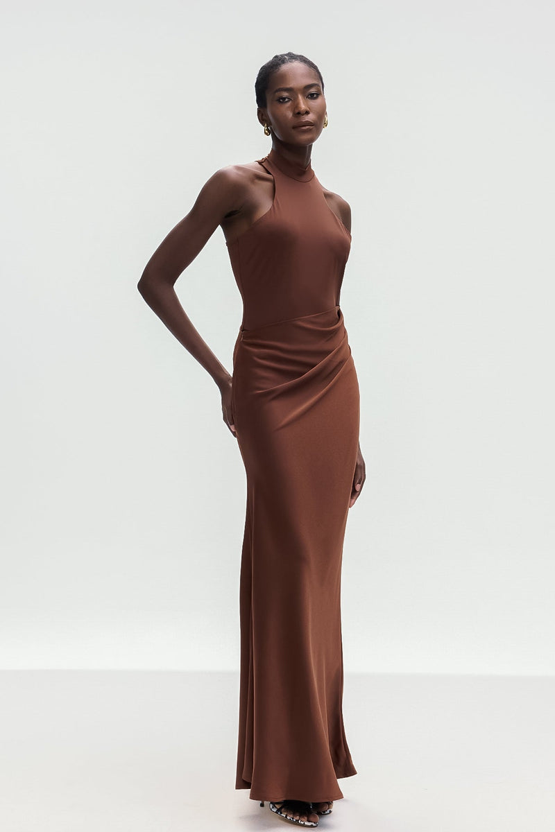 Beres Tank Top Satin Maxi Dress in Brown