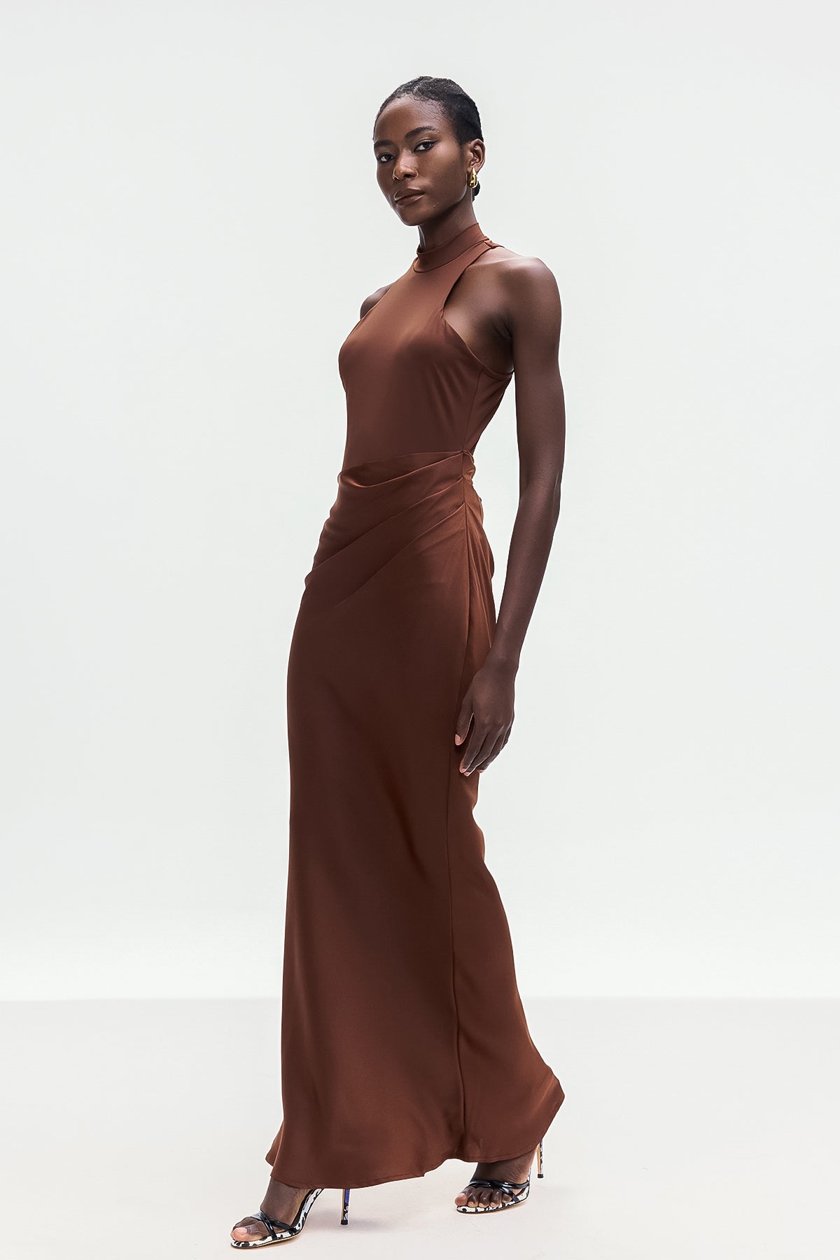 Beres Tank Top Satin Maxi Dress in Brown