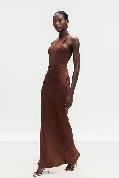 Beres Tank Top Satin Maxi Dress in Brown