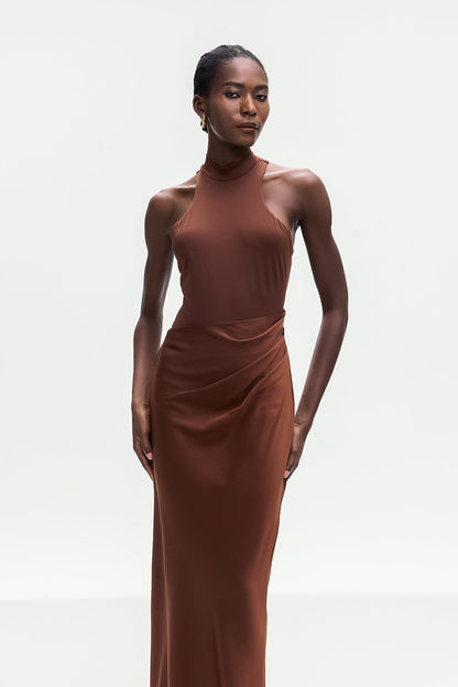 Beres Tank Top Satin Maxi Dress in Brown