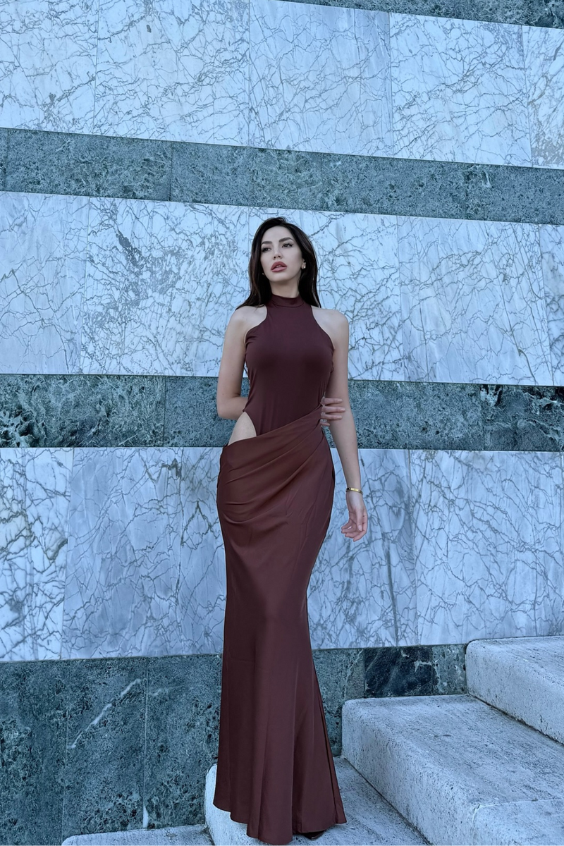 Beres Tank Top Satin Maxi Dress in Brown