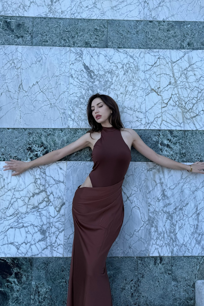 Beres Tank Top Satin Maxi Dress in Brown