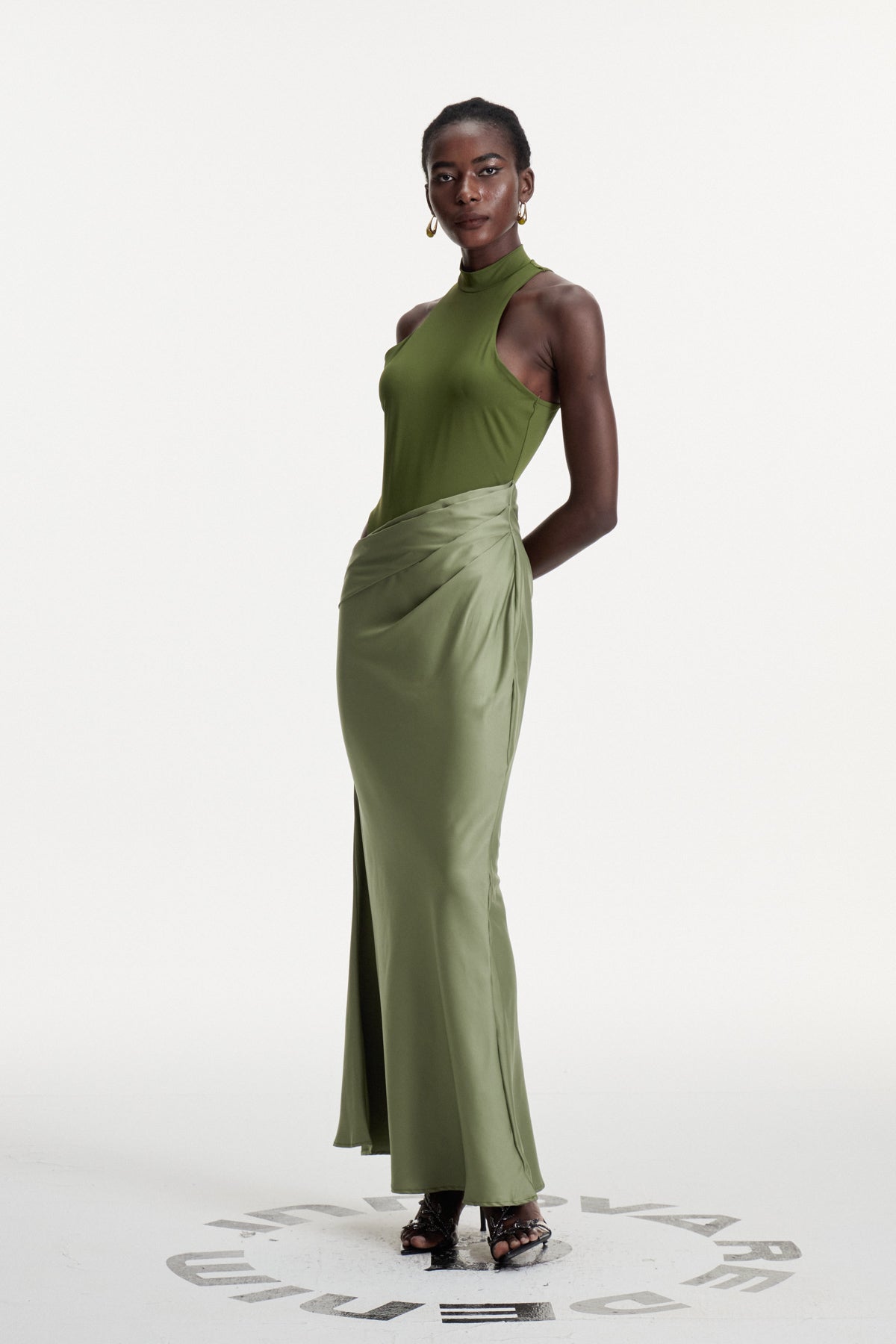 Beres Tank Top Satin Maxi Dress in Green
