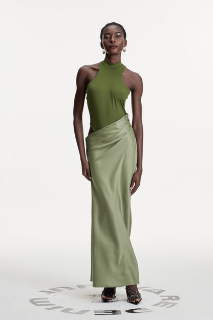 Beres Tank Top Satin Maxi Dress in Green