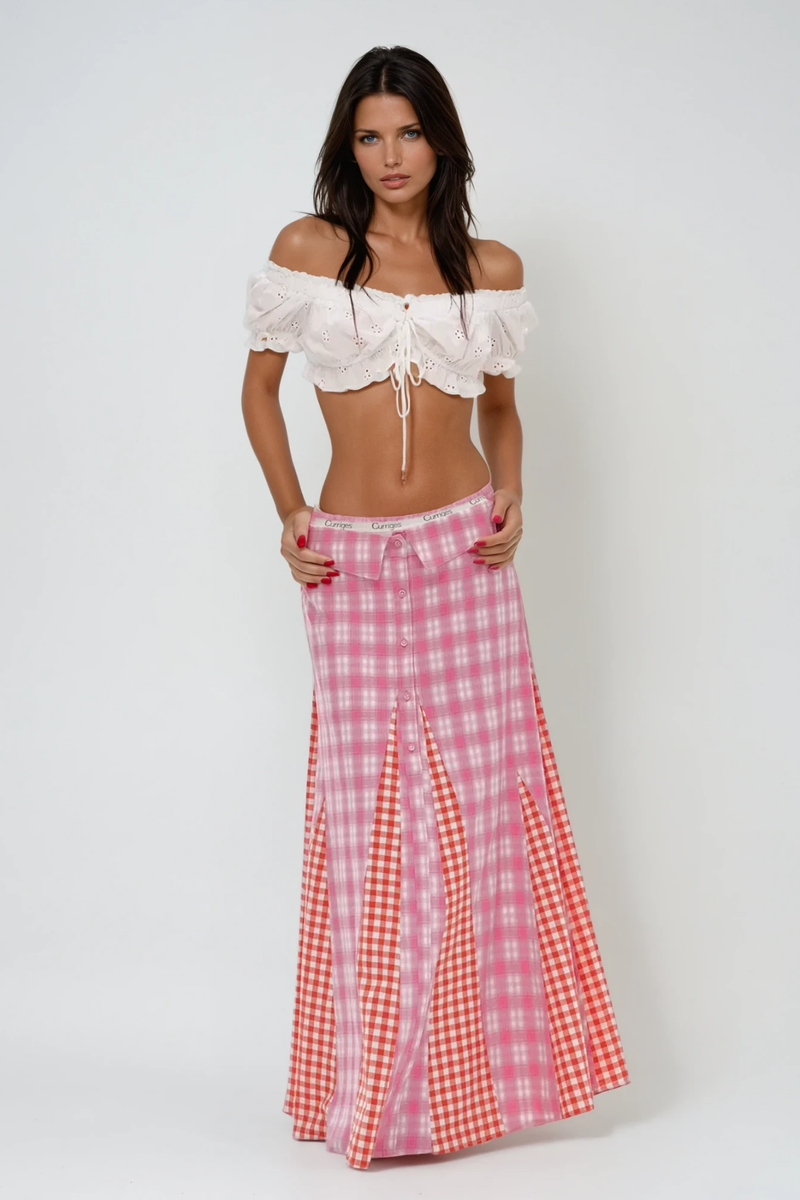 Berlynn Plaid Patchwork Maxi Dress in Pink