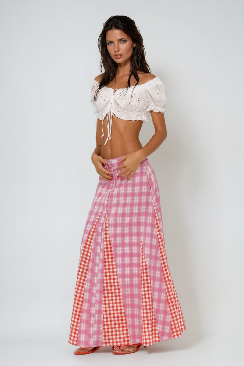 Berlynn Plaid Patchwork Maxi Dress in Pink