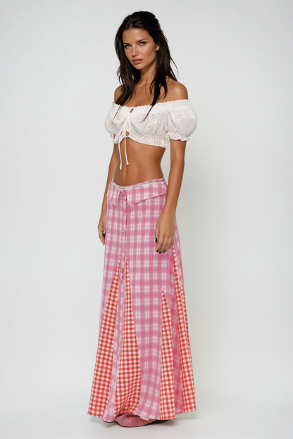 Berlynn Plaid Patchwork Maxi Dress in Pink